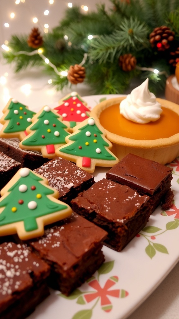 A festive platter of Christmas desserts including brownies, sugar cookies, and pumpkin pie, decorated for the holiday season.